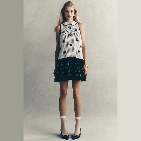 NEW Maeve Sizes S M L Sleeveless Embellished Drop Waist Mini Dress Black/White